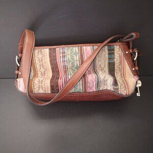 VTG Fossil Ladies Multi Colored Patchwork Leather & Fabric Shoulder Baguette Bag